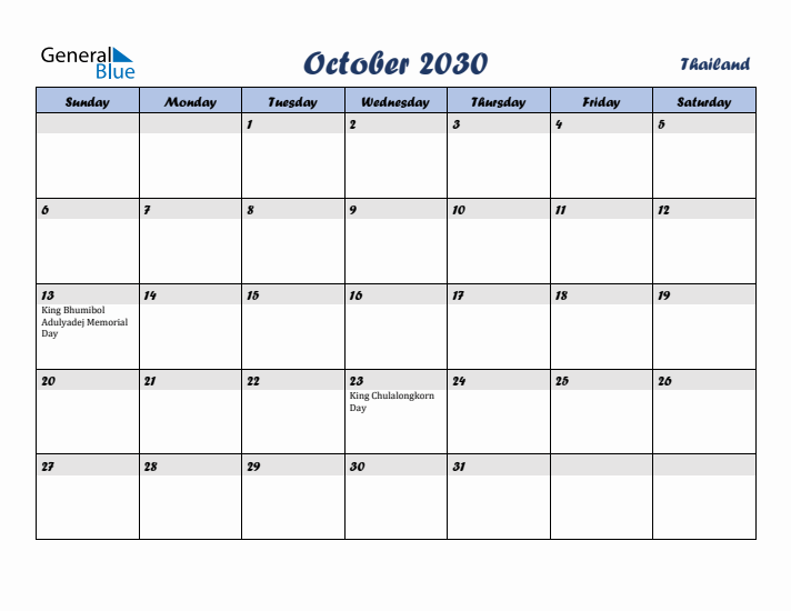 October 2030 Calendar with Holidays in Thailand