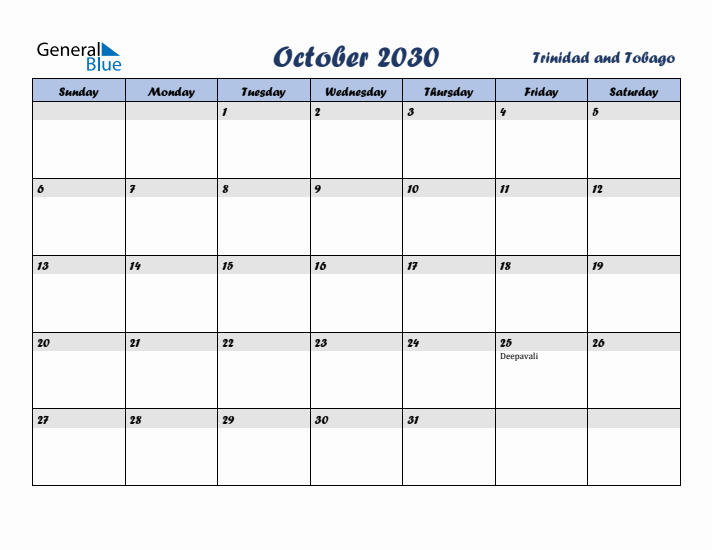 October 2030 Calendar with Holidays in Trinidad and Tobago