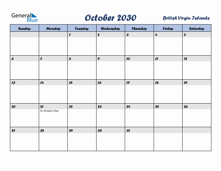 October 2030 Calendar with Holidays in British Virgin Islands