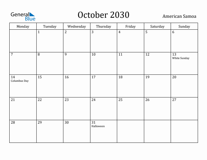 October 2030 Calendar American Samoa