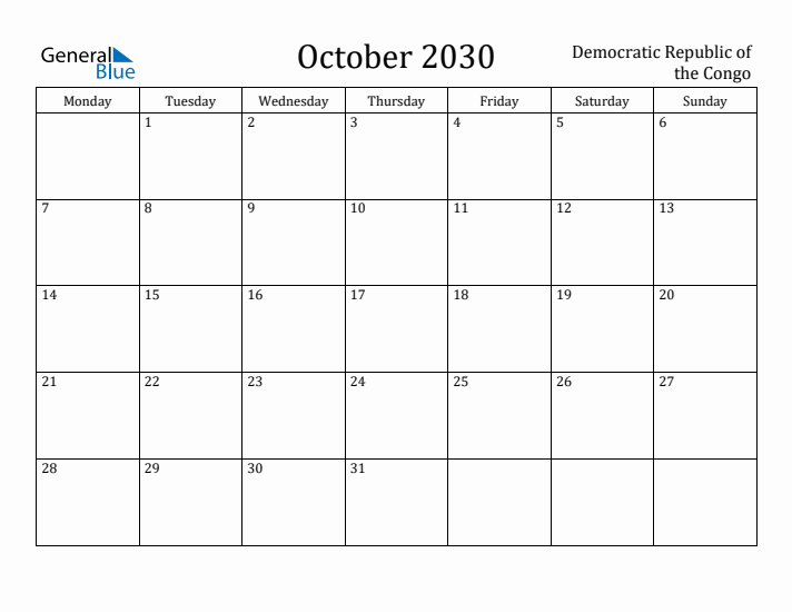 October 2030 Calendar Democratic Republic of the Congo