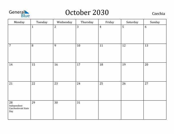 October 2030 Calendar Czechia