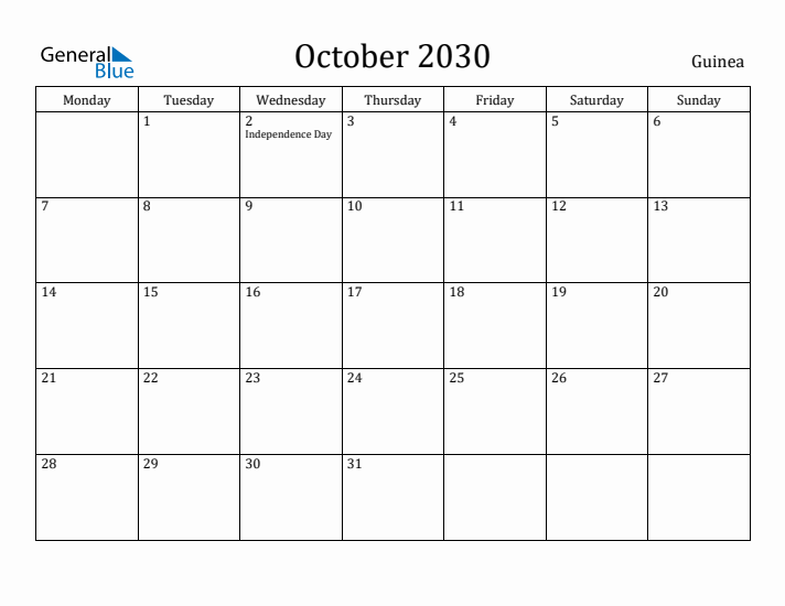 October 2030 Calendar Guinea