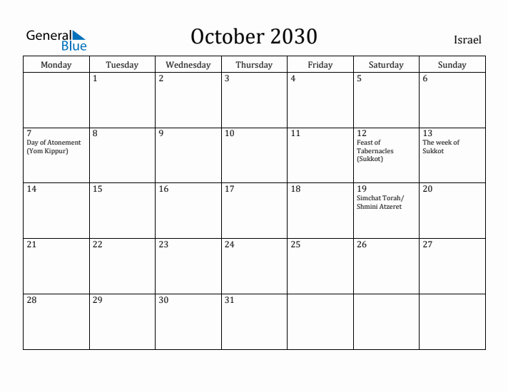 October 2030 Calendar Israel