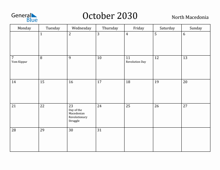 October 2030 Calendar North Macedonia