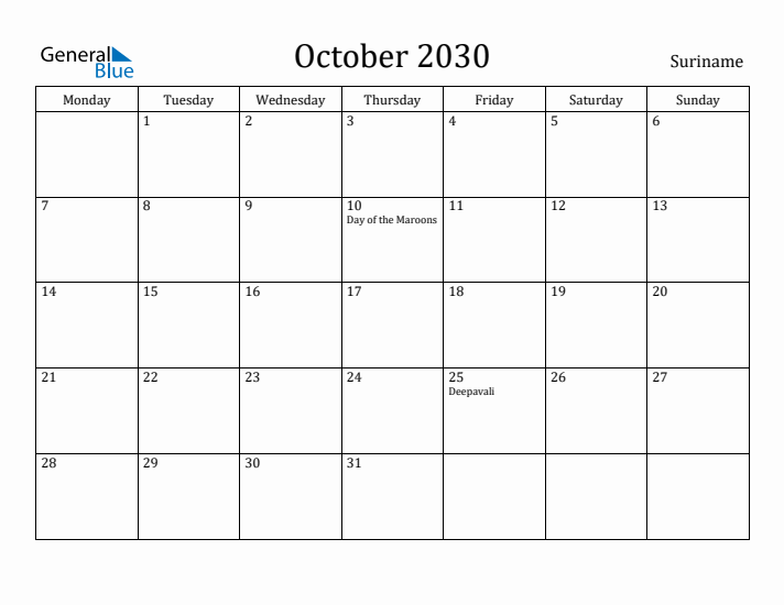 October 2030 Calendar Suriname