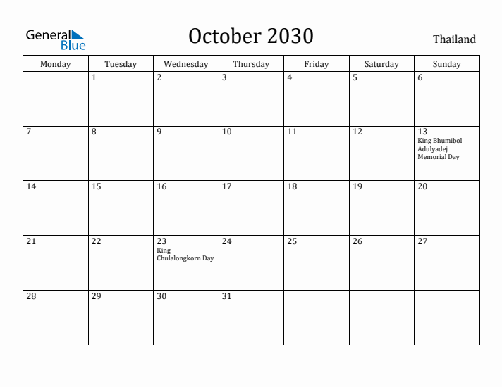 October 2030 Calendar Thailand