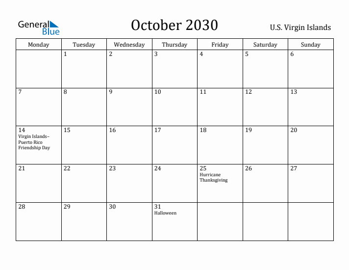 October 2030 Calendar U.S. Virgin Islands
