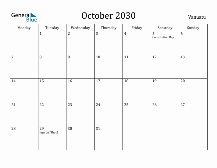 October 2030 Calendar Vanuatu