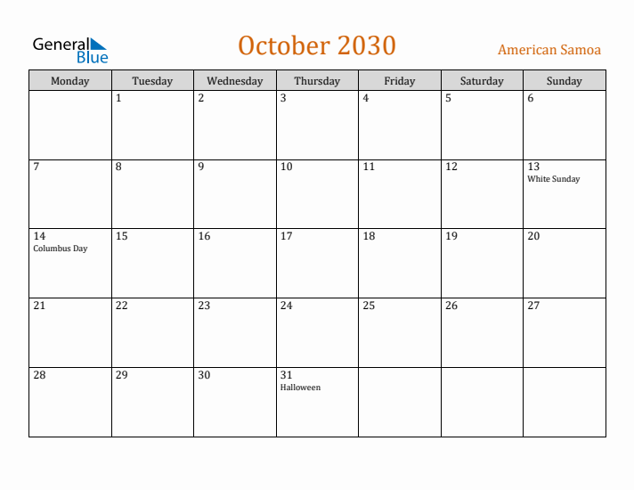 October 2030 Holiday Calendar with Monday Start