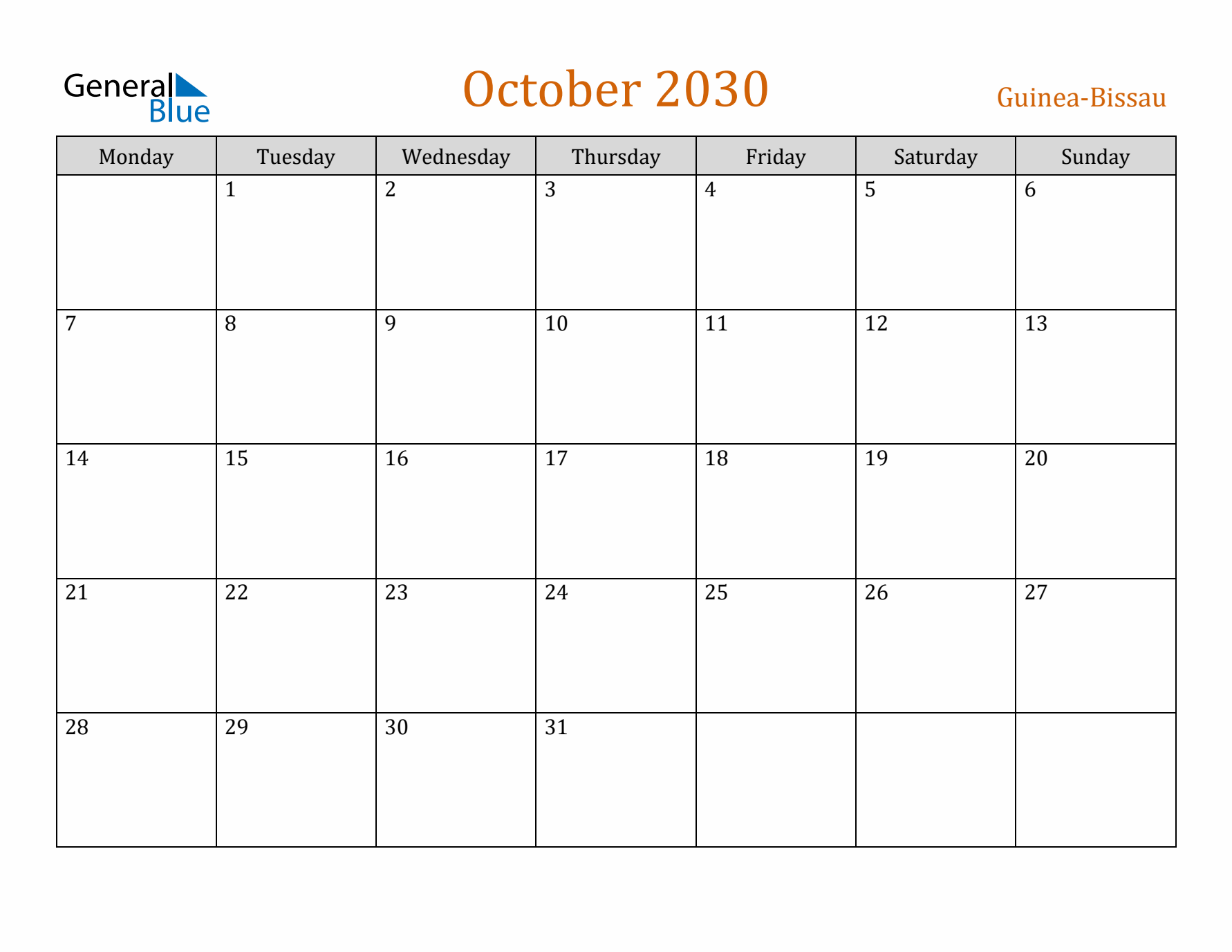 October 2030 Holiday Calendar with Monday Start