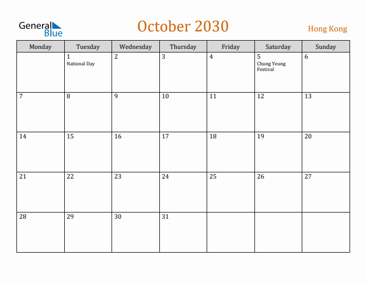 October 2030 Holiday Calendar with Monday Start