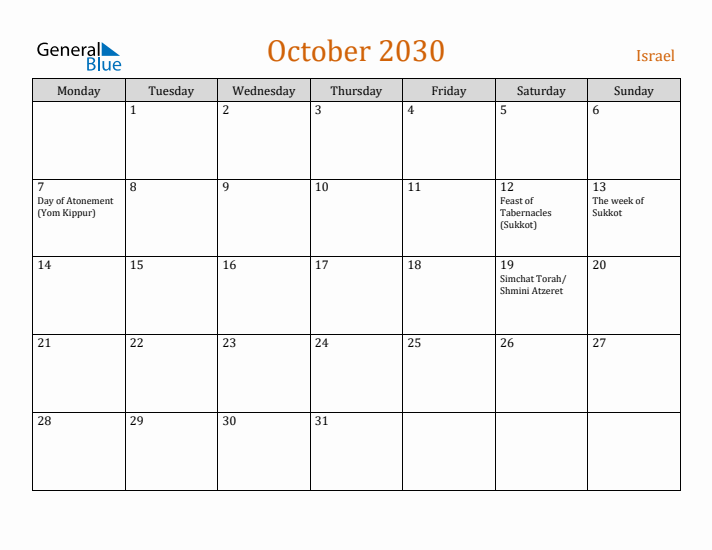 October 2030 Holiday Calendar with Monday Start