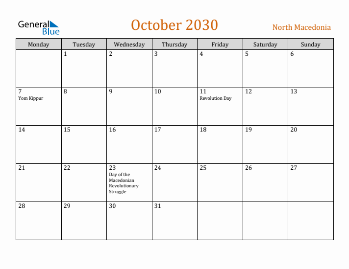 October 2030 Holiday Calendar with Monday Start