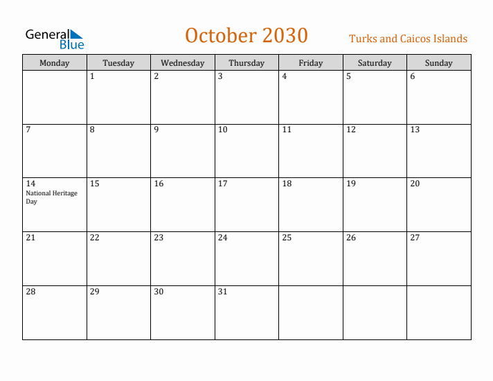 October 2030 Holiday Calendar with Monday Start