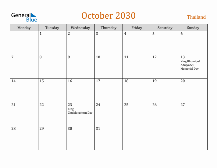 October 2030 Holiday Calendar with Monday Start