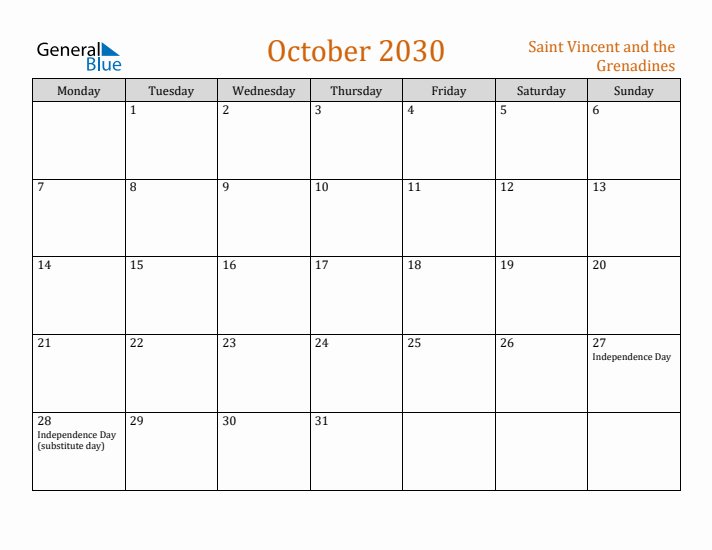 October 2030 Holiday Calendar with Monday Start