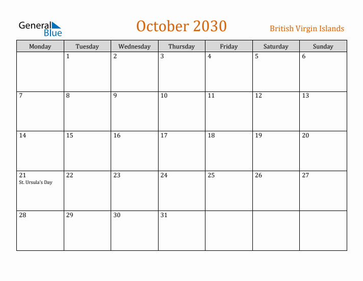 October 2030 Holiday Calendar with Monday Start