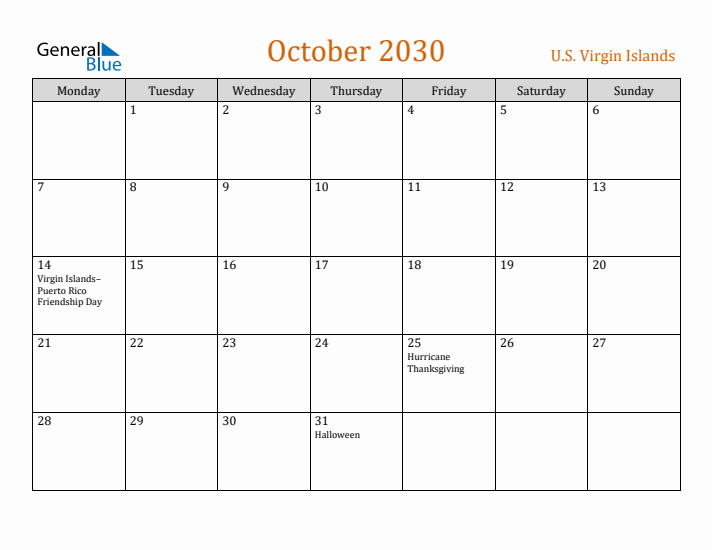October 2030 Holiday Calendar with Monday Start