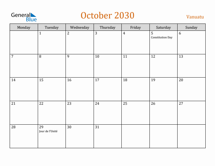 October 2030 Holiday Calendar with Monday Start