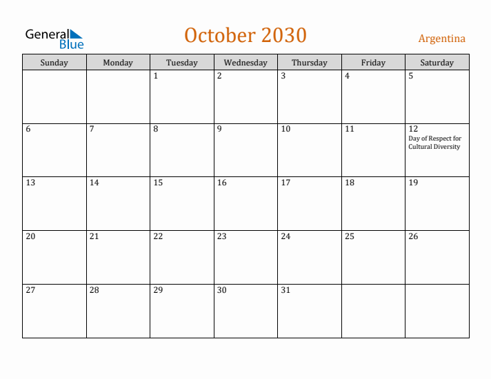 October 2030 Holiday Calendar with Sunday Start