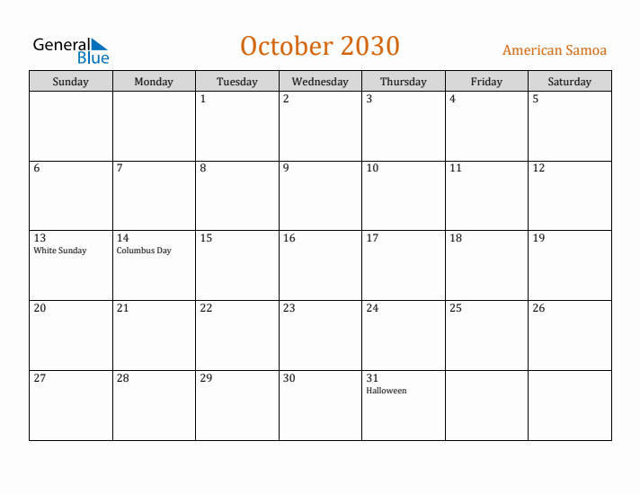 October 2030 Holiday Calendar with Sunday Start