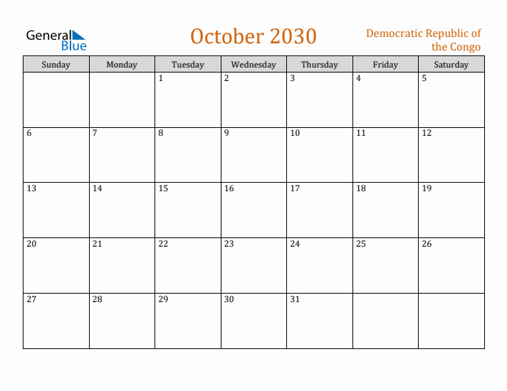 October 2030 Holiday Calendar with Sunday Start