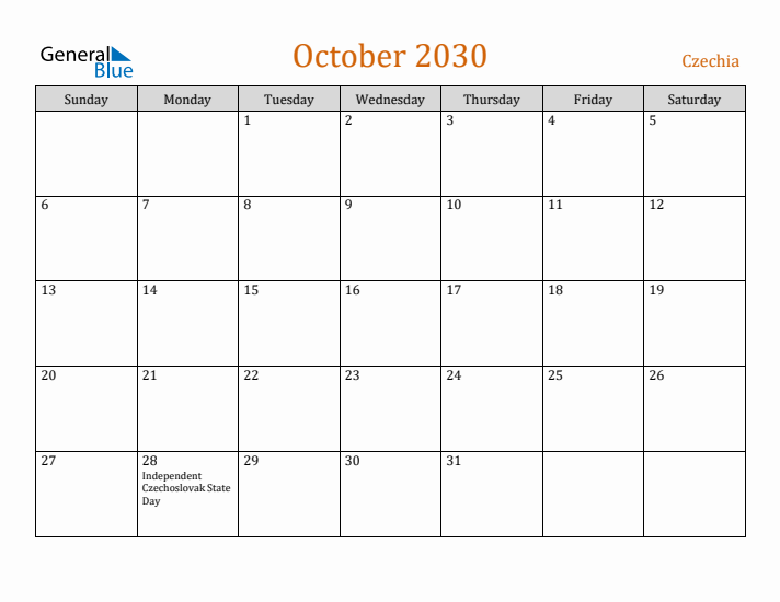 October 2030 Holiday Calendar with Sunday Start