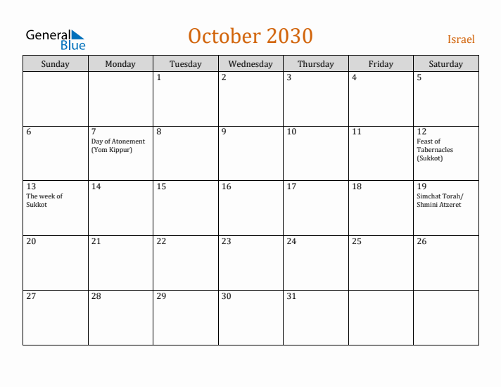 October 2030 Holiday Calendar with Sunday Start
