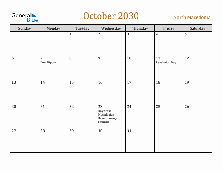 October 2030 Holiday Calendar with Sunday Start