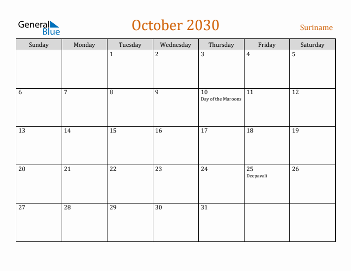 October 2030 Holiday Calendar with Sunday Start