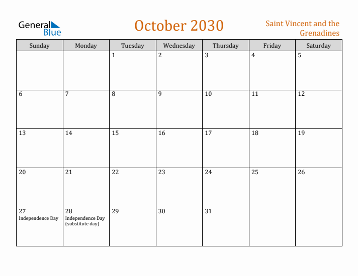October 2030 Holiday Calendar with Sunday Start