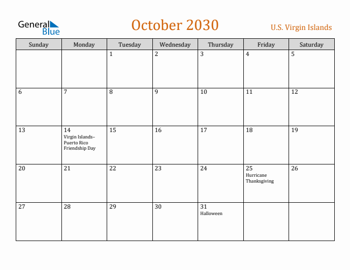 October 2030 Holiday Calendar with Sunday Start