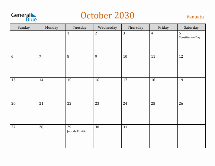 October 2030 Holiday Calendar with Sunday Start