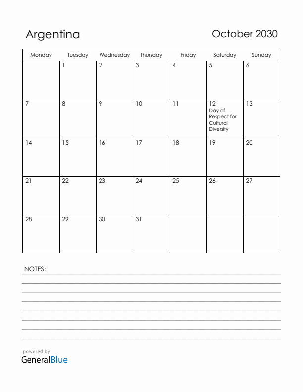 October 2030 Argentina Calendar with Holidays (Monday Start)