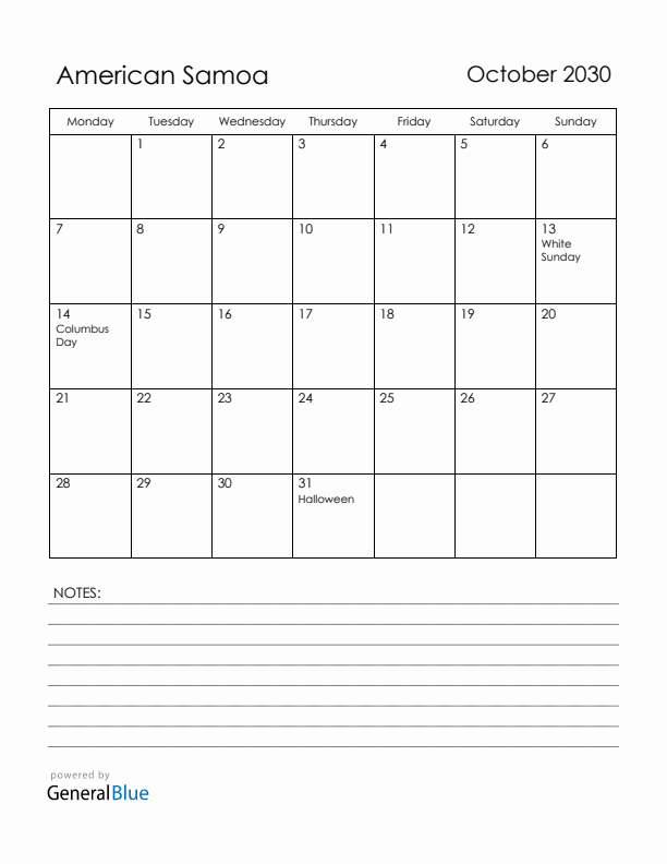 October 2030 American Samoa Calendar with Holidays (Monday Start)