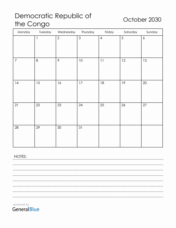 October 2030 Democratic Republic of the Congo Calendar with Holidays (Monday Start)