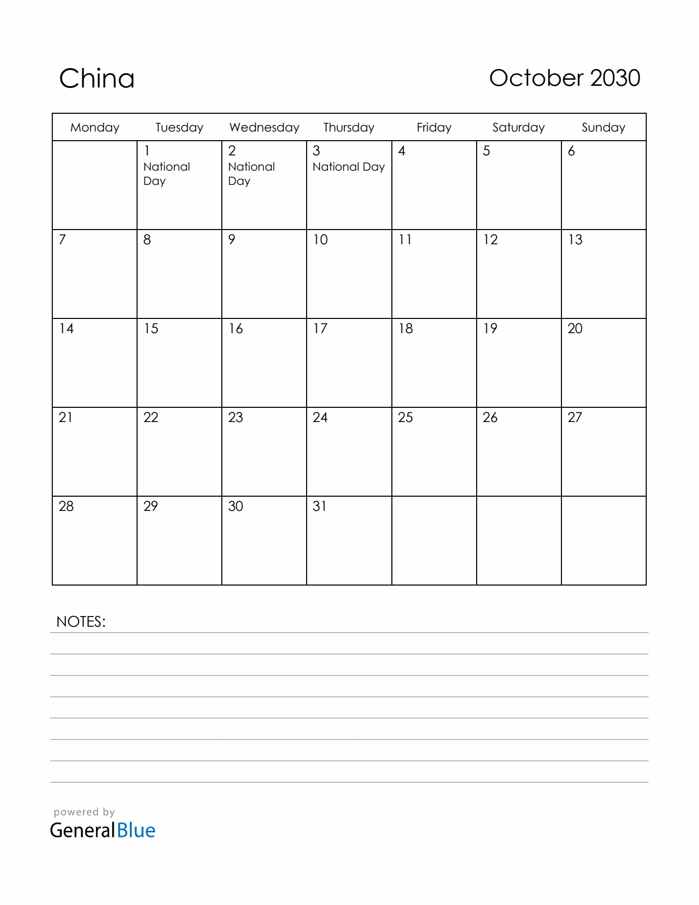 October 2030 China Calendar with Holidays (Monday Start)