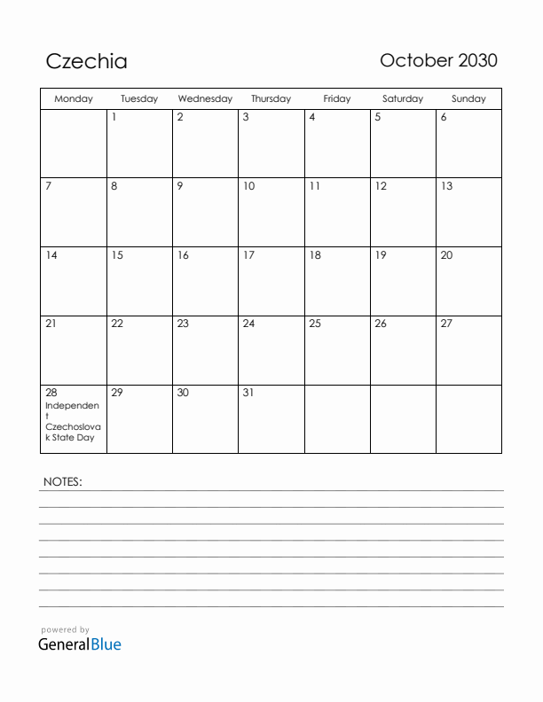 October 2030 Czechia Calendar with Holidays (Monday Start)