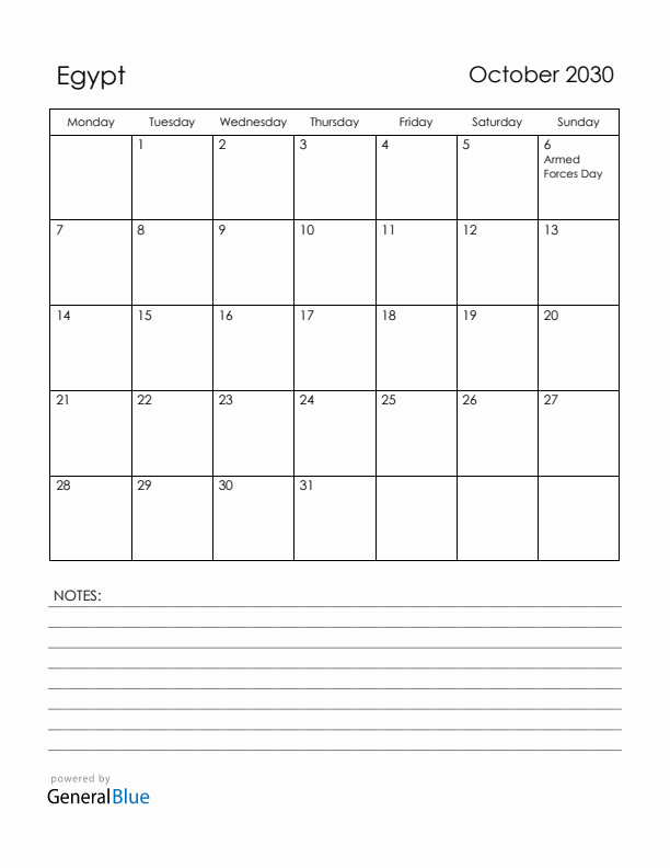 October 2030 Egypt Calendar with Holidays (Monday Start)