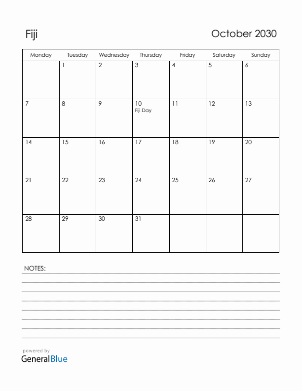 October 2030 Fiji Calendar with Holidays (Monday Start)