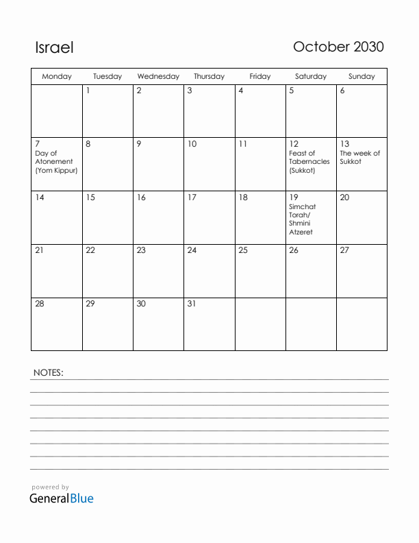 October 2030 Israel Calendar with Holidays (Monday Start)