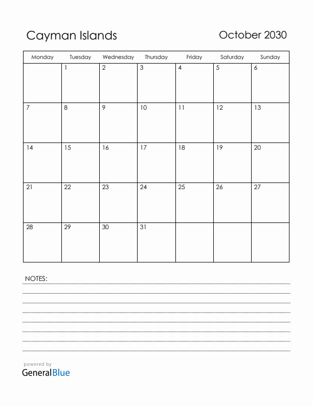 October 2030 Cayman Islands Calendar with Holidays (Monday Start)