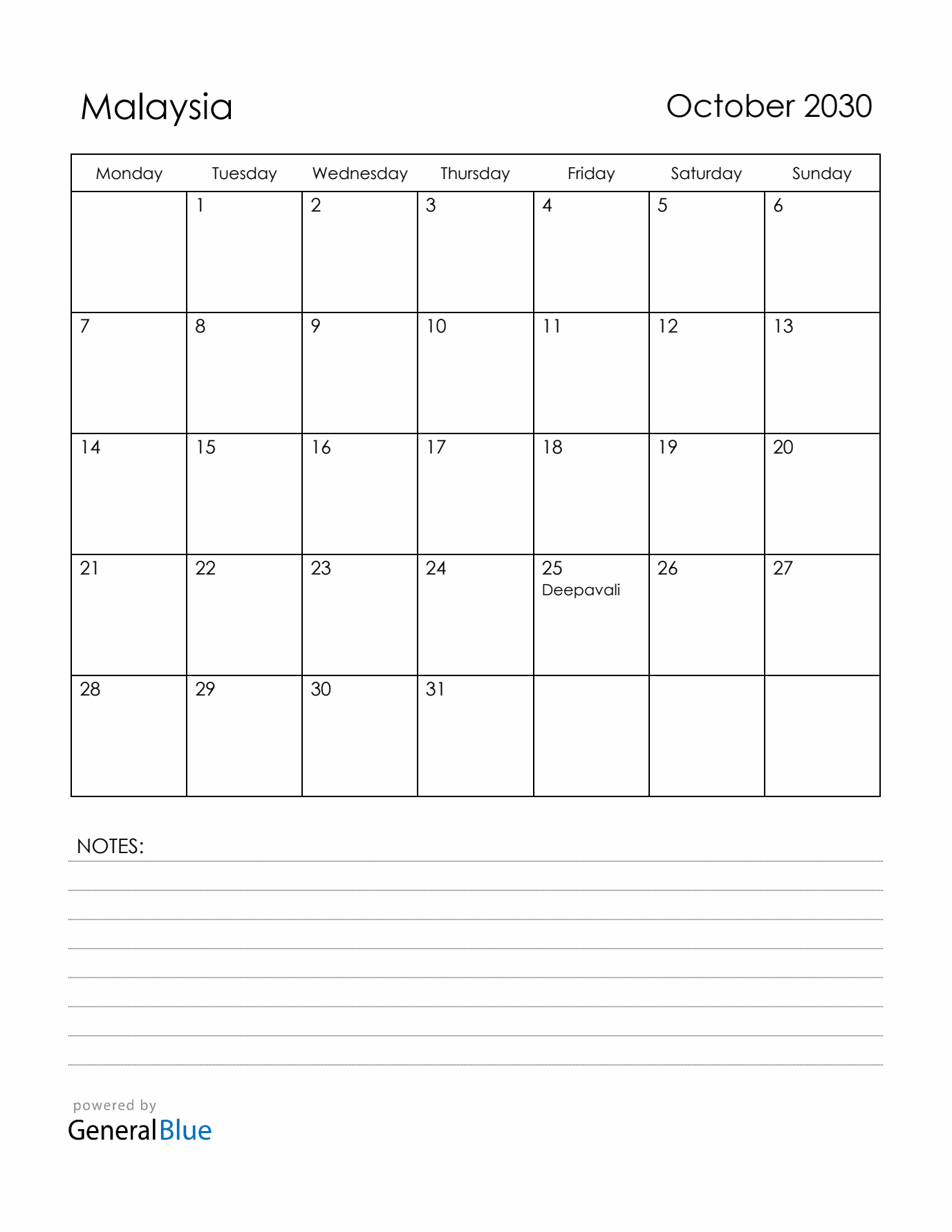 October 2030 Malaysia Calendar with Holidays (Monday Start)