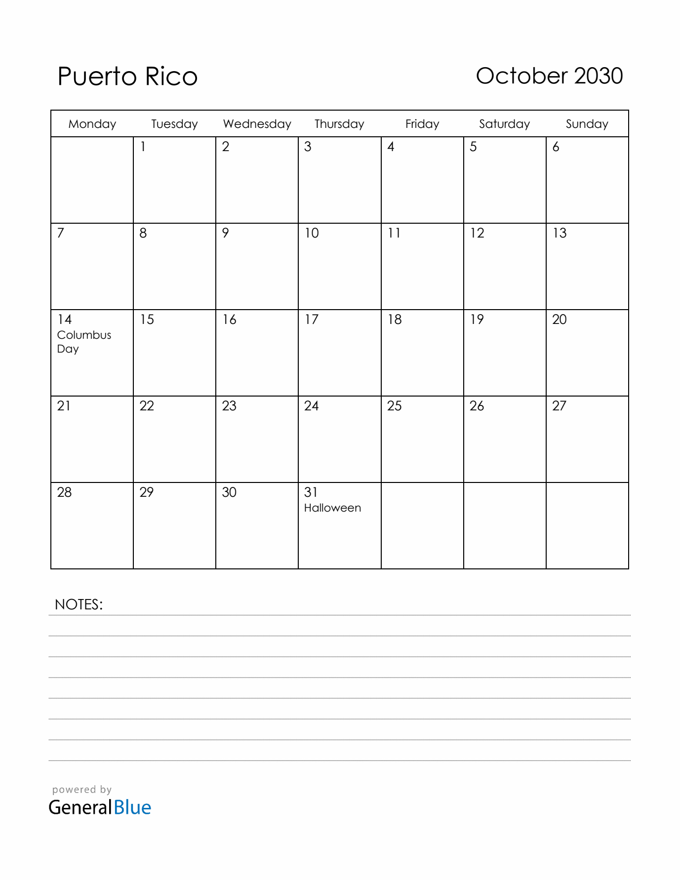 October 2030 Puerto Rico Calendar with Holidays (Monday Start)