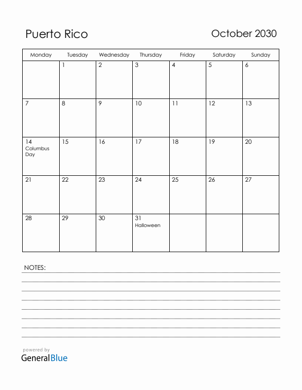 October 2030 Puerto Rico Calendar with Holidays (Monday Start)