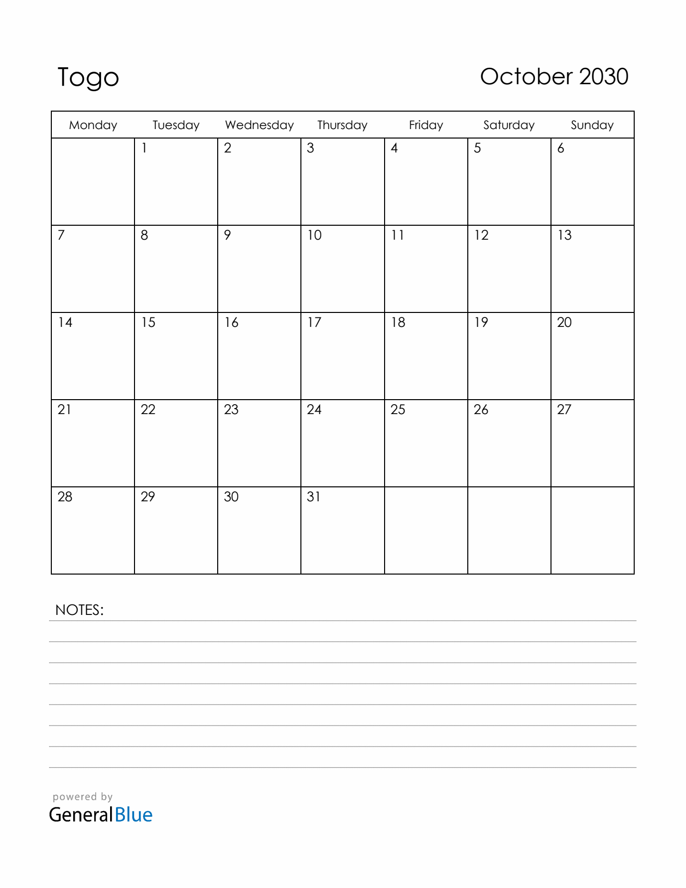 October 2030 Togo Calendar with Holidays (Monday Start)