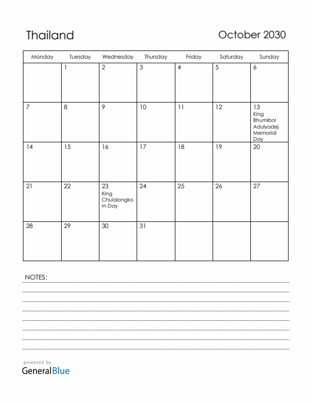 October 2030 Thailand Calendar with Holidays (Monday Start)