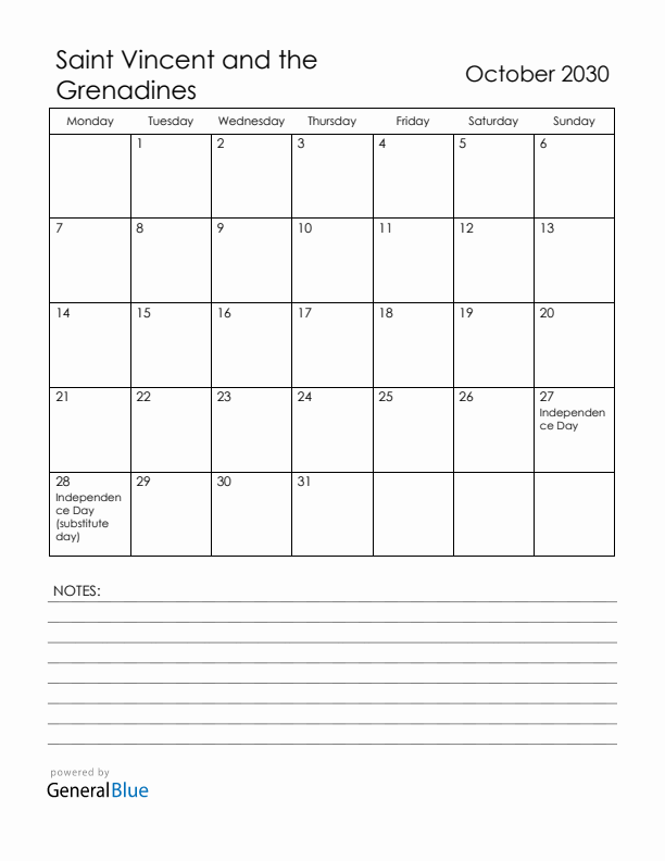 October 2030 Saint Vincent and the Grenadines Calendar with Holidays (Monday Start)