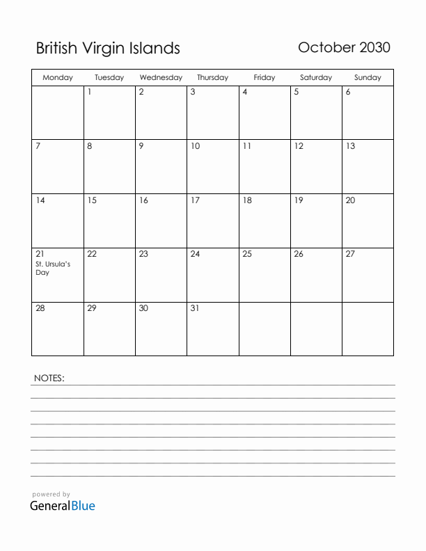 October 2030 British Virgin Islands Calendar with Holidays (Monday Start)